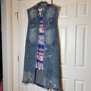 Blue and pink dress with distressed denim long vest size 2XL
